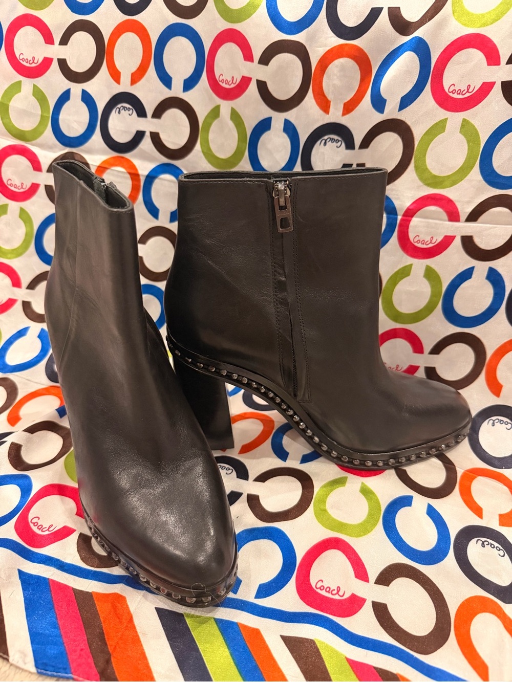 COACH JUSTINA Black Leather Studded Ankle Booties